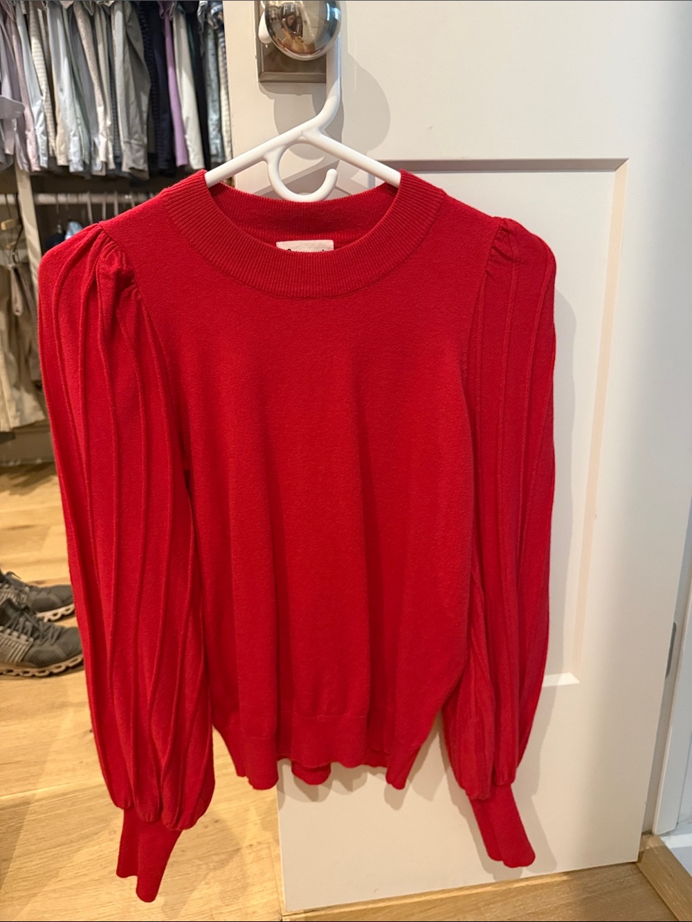 Red Puff-Sleeve Crewneck Sweater - Women's